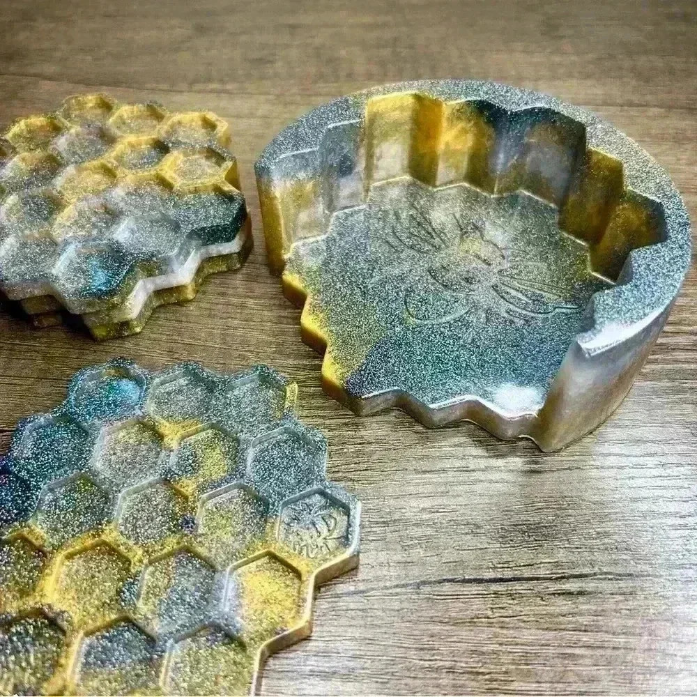 Hand Crafted Resin Coaster Set - Honeycomb Hive
